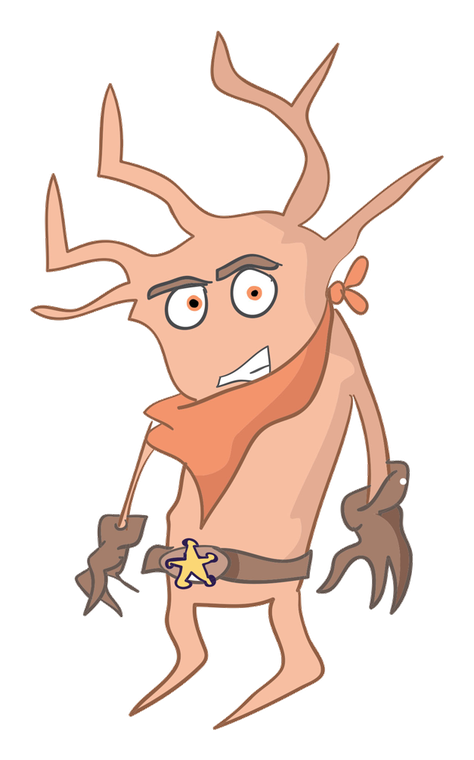 Dexter Dendrite, a peach immune cell with antler-like branches, in a neckerchief and sheriff’s badge