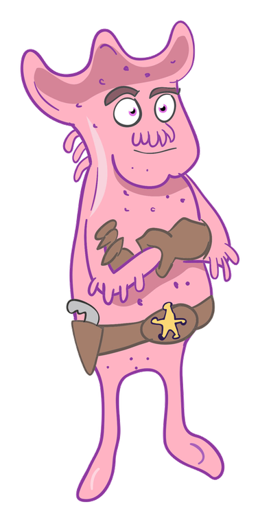 Manny Macrophage, a pink, blobby immune cell in a cowboy hat and sheriff’s badge