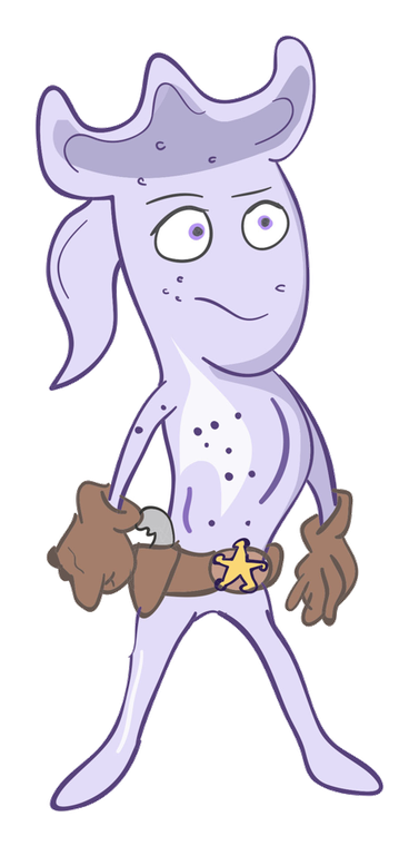 Nancy Neutrophil, a lavender immune cell with a lobed head, in a cowboy hat and sheriff’s badge